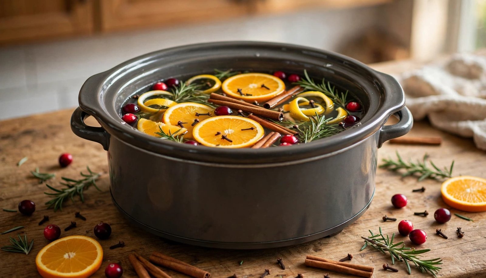 A crockpot filled with citrus, spices, herbs, and cranberries on a wooden kitchen counter.