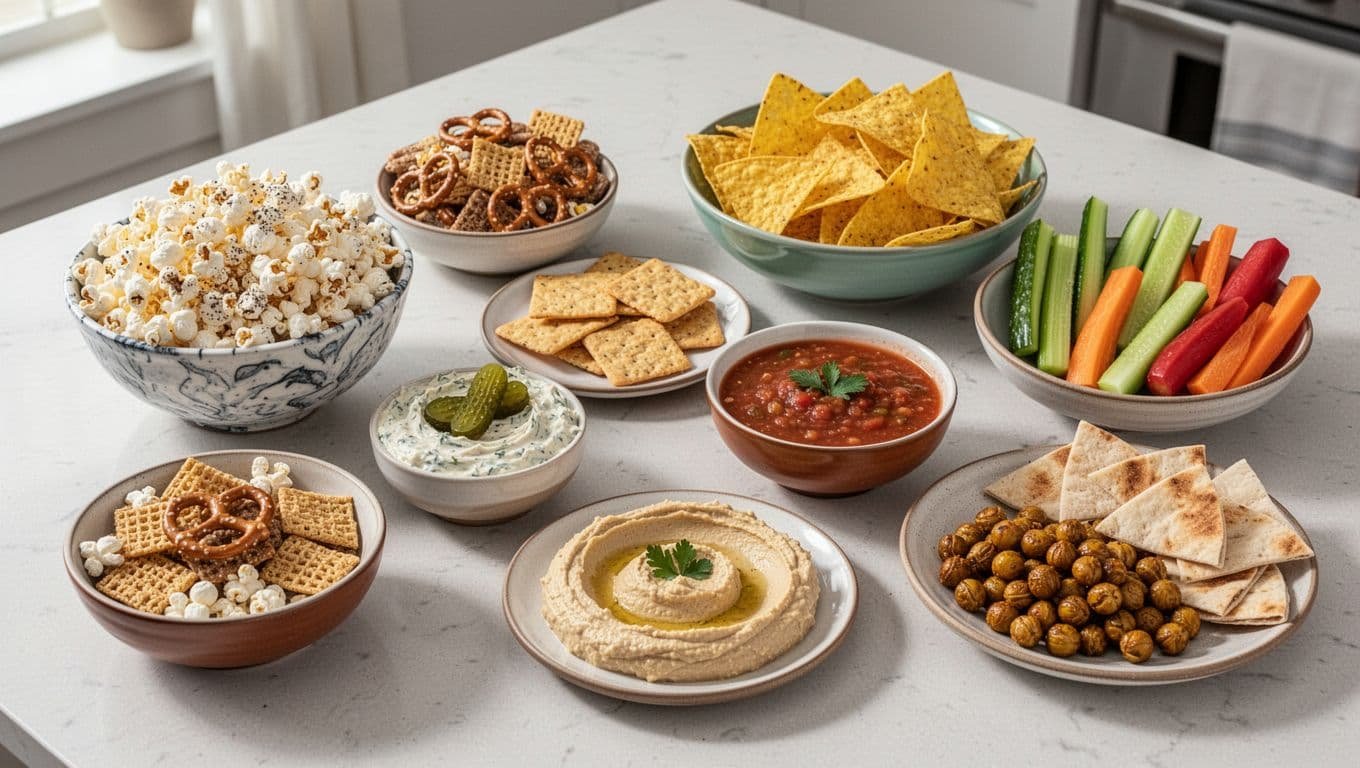 Colorful bowls of crunchy snacks, dips, crackers, chips, vegetables, and pita on a kitchen counter.