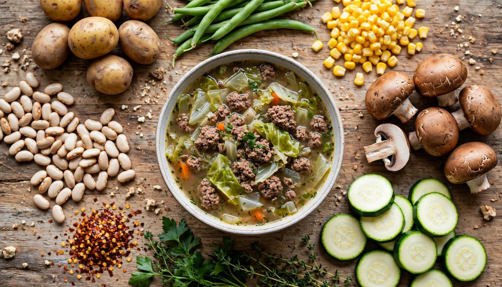 Bowl of beef and cabbage soup surrounded by vegetables and herbs.