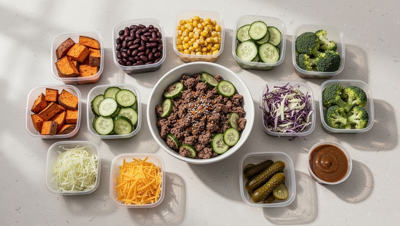 A burger bowl surrounded by colorful toppings in separate serving dishes.