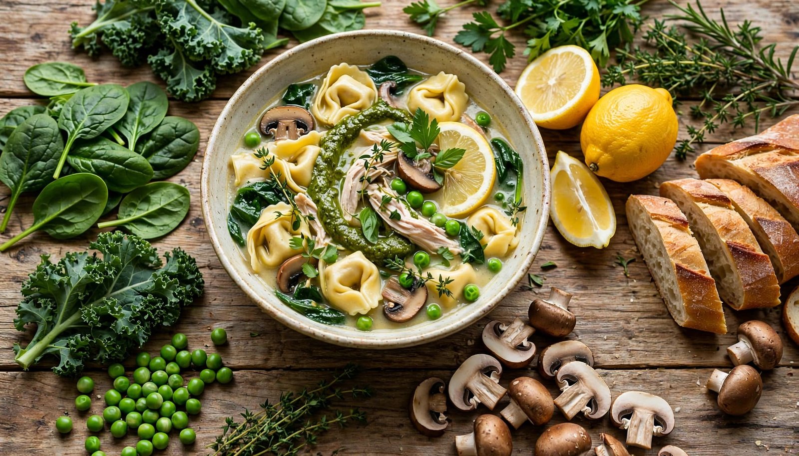 A bowl of chicken tortellini soup surrounded by vegetables, herbs, lemon, pesto, and bread.