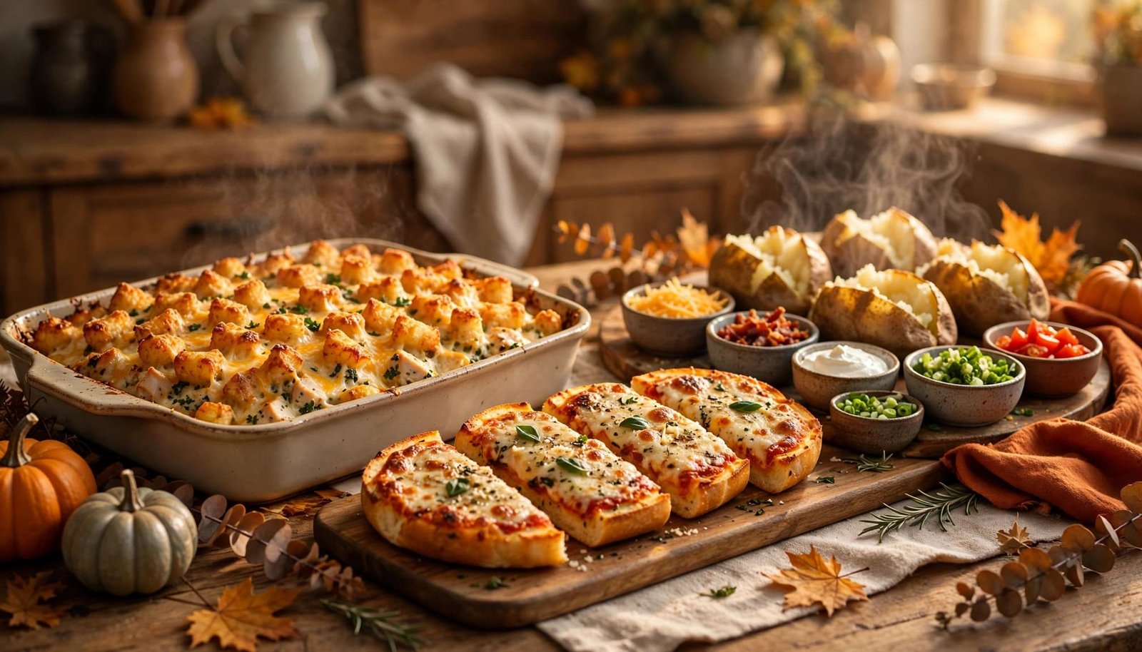 Baked fall dishes and separate potato toppings on a warmly lit family table.