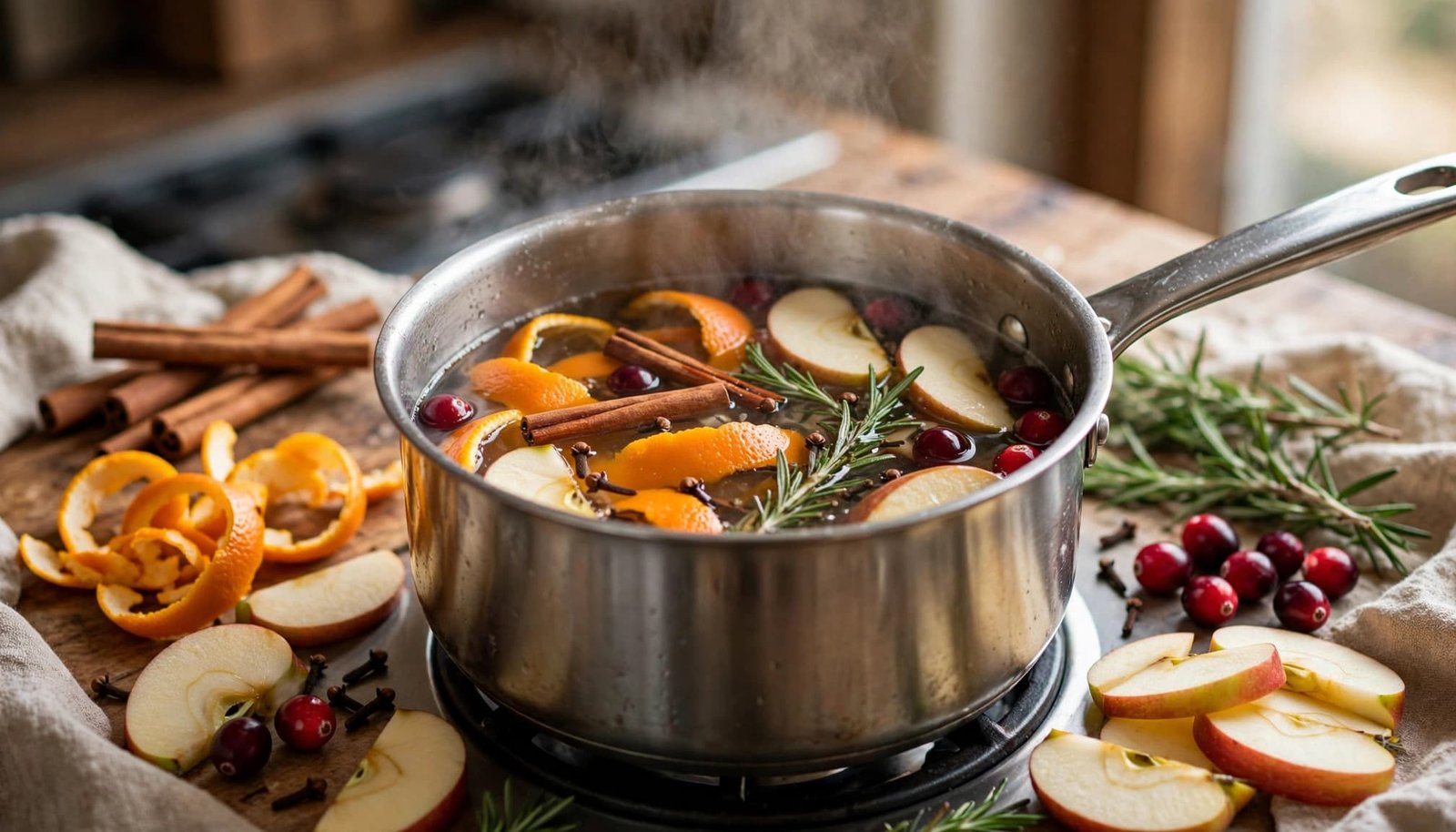 A saucepan filled with fruit, herbs, spices, and cranberries in a sunny kitchen.