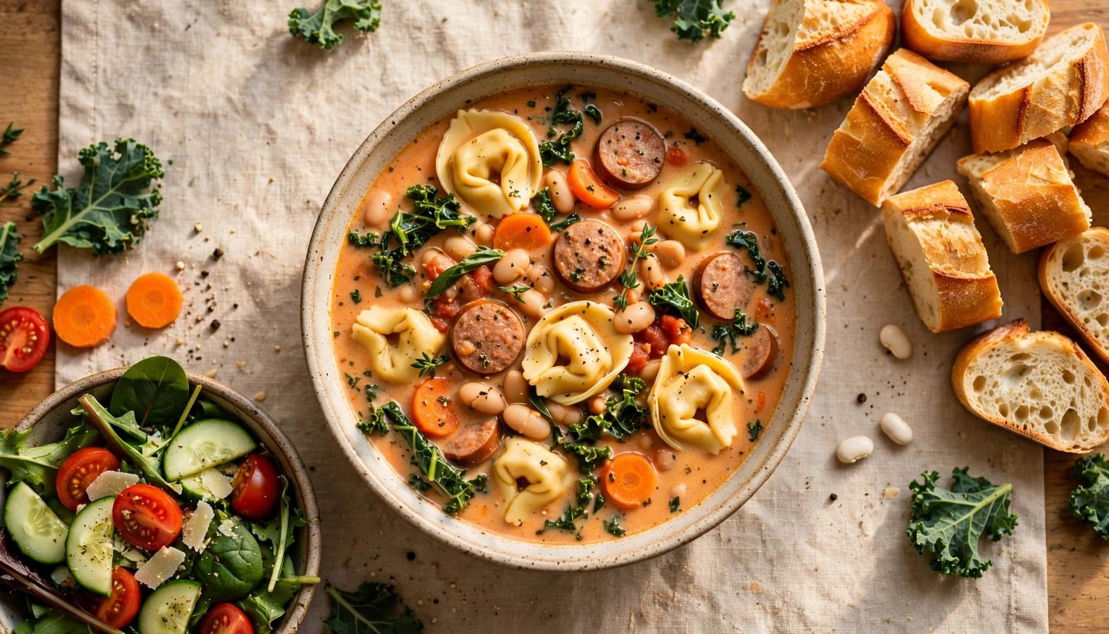 Tortellini soup with kale, beans, carrots, sausage, salad, and bread on a dinner table.