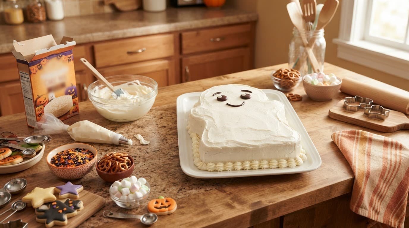 A ghost-shaped Halloween cake surrounded by baking supplies and colorful candy on a kitchen counter.