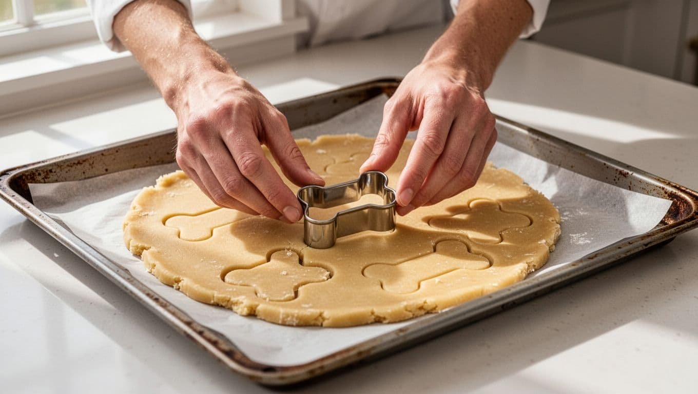 Hands cut bone shapes from rolled dough beside a parchment-lined baking sheet.