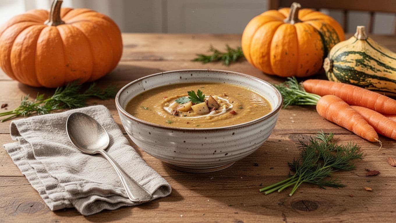 A bowl of dairy-free fall soup surrounded by vegetables, herbs, a spoon, and folded linen.