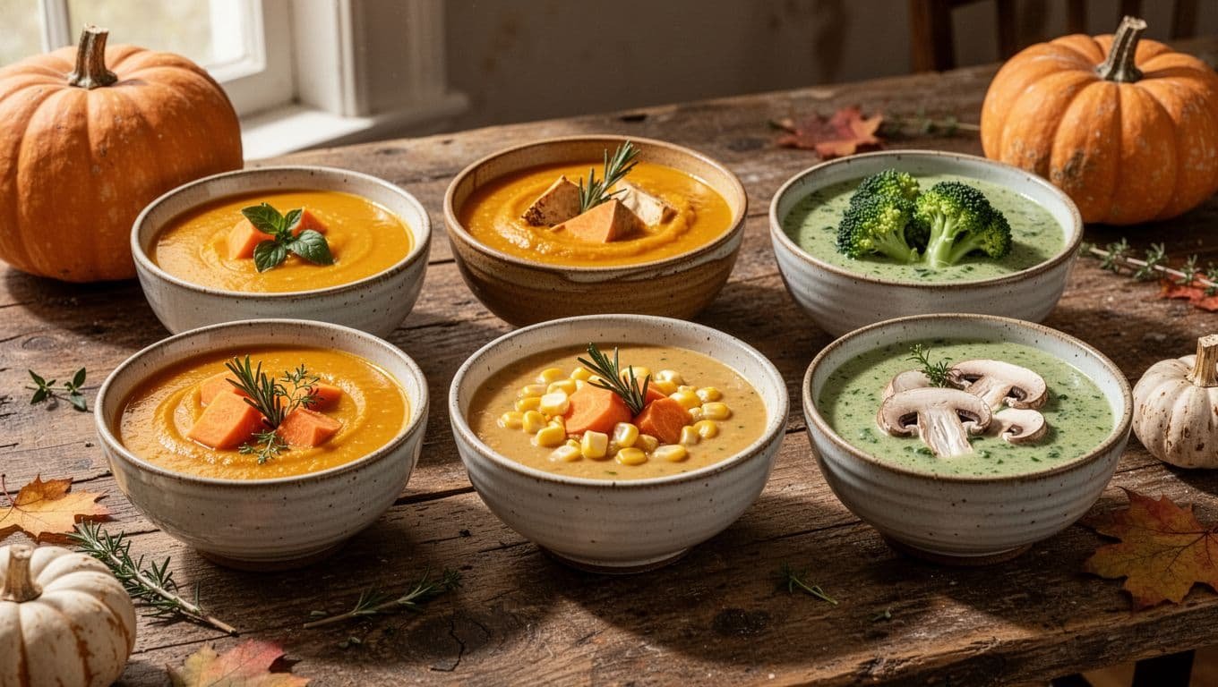 Five colorful dairy-free soups in ceramic bowls on a rustic wooden table.