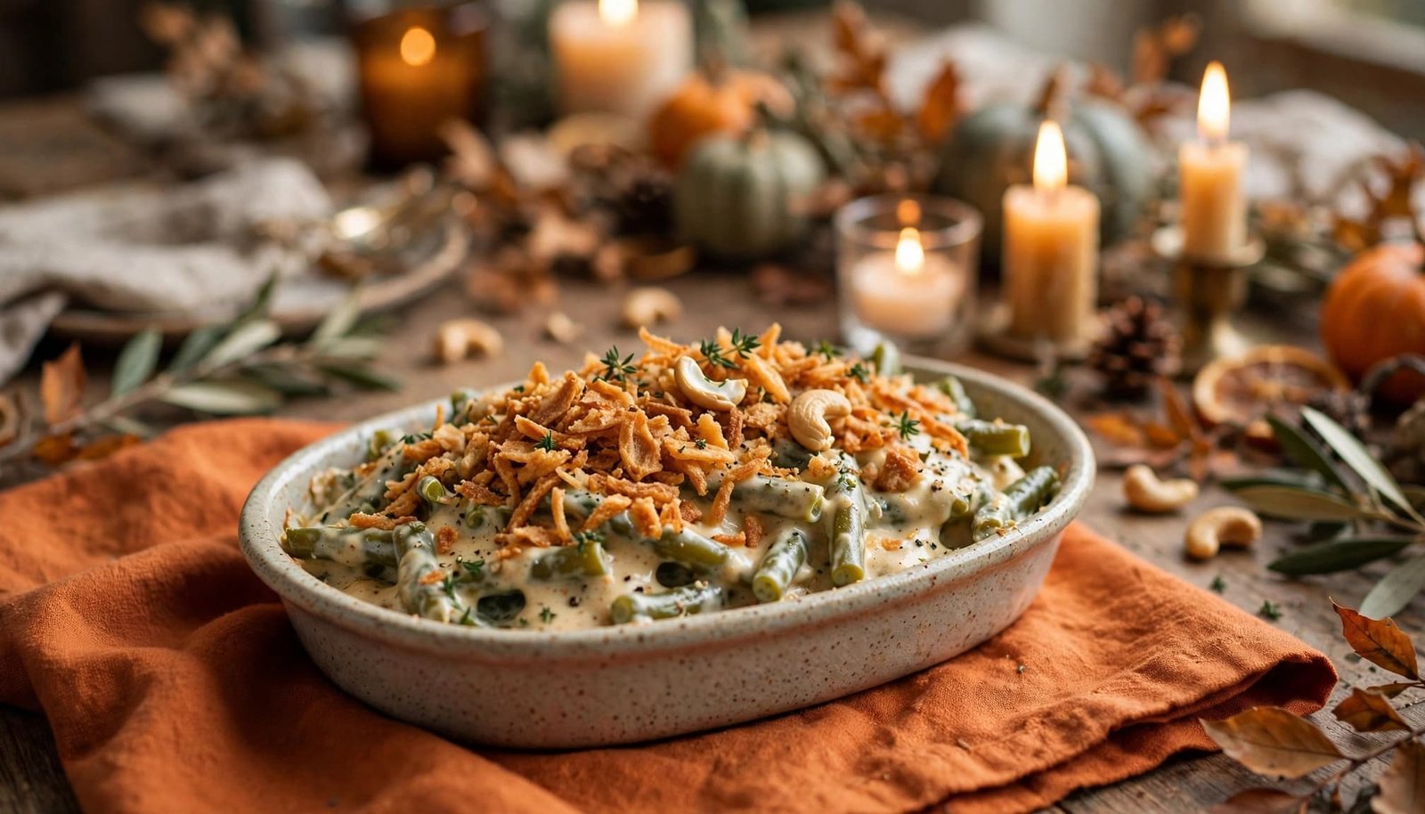 Green bean casserole with creamy sauce and fried shallots on a candlelit holiday table.