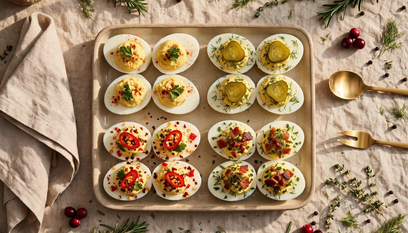 Sixteen deviled egg halves arranged in four topping variations on a serving tray.