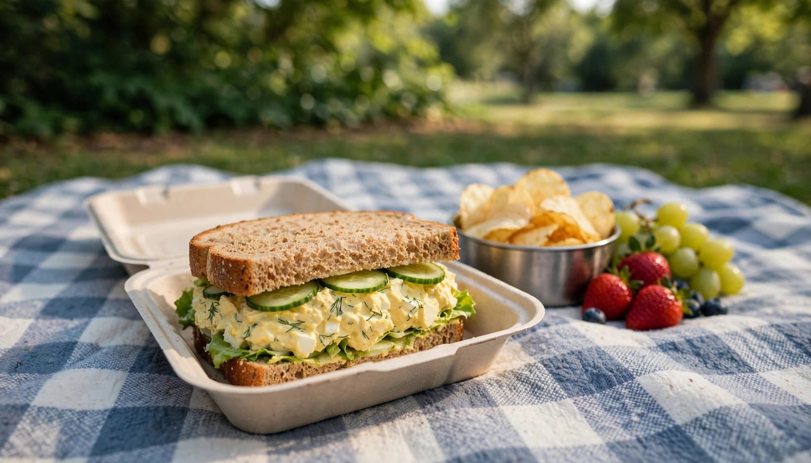 A deviled egg salad sandwich with lettuce, cucumber, chips, and fruit on a picnic blanket.