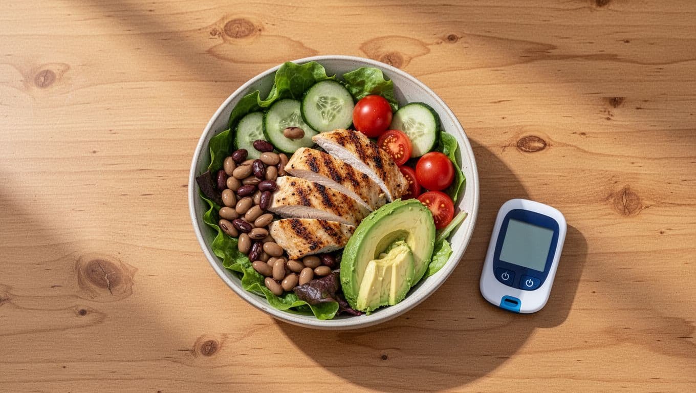 A fresh chicken and vegetable salad with a glucose meter on a wooden table.