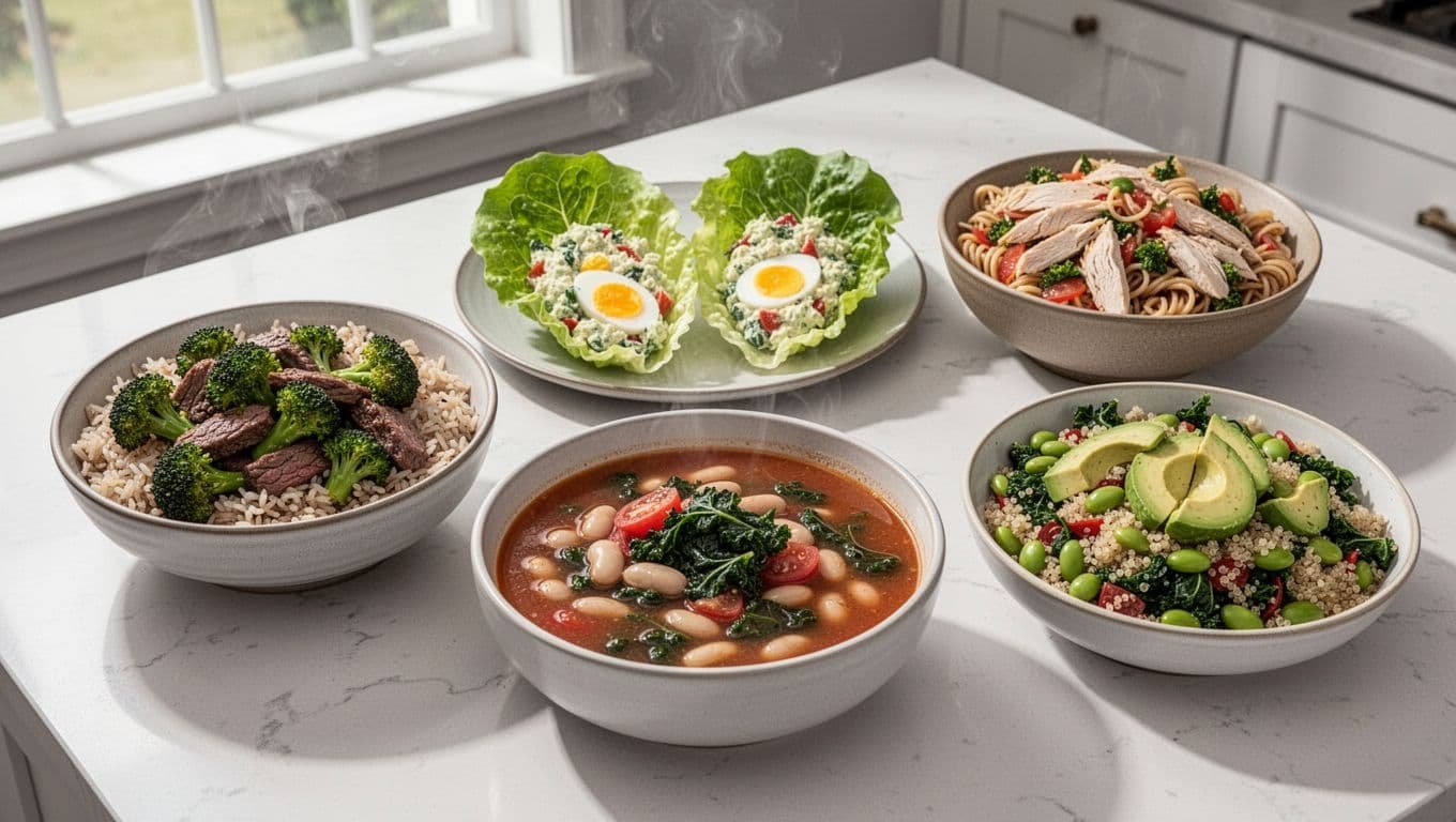 Five healthy lunch dishes arranged on a bright kitchen table.