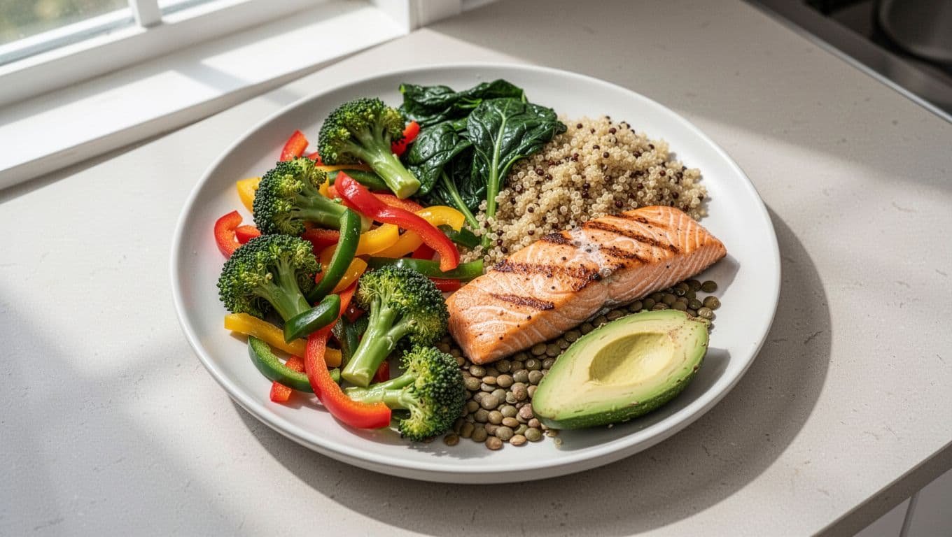 A balanced lunch plate with salmon, vegetables, quinoa, lentils, and avocado.
