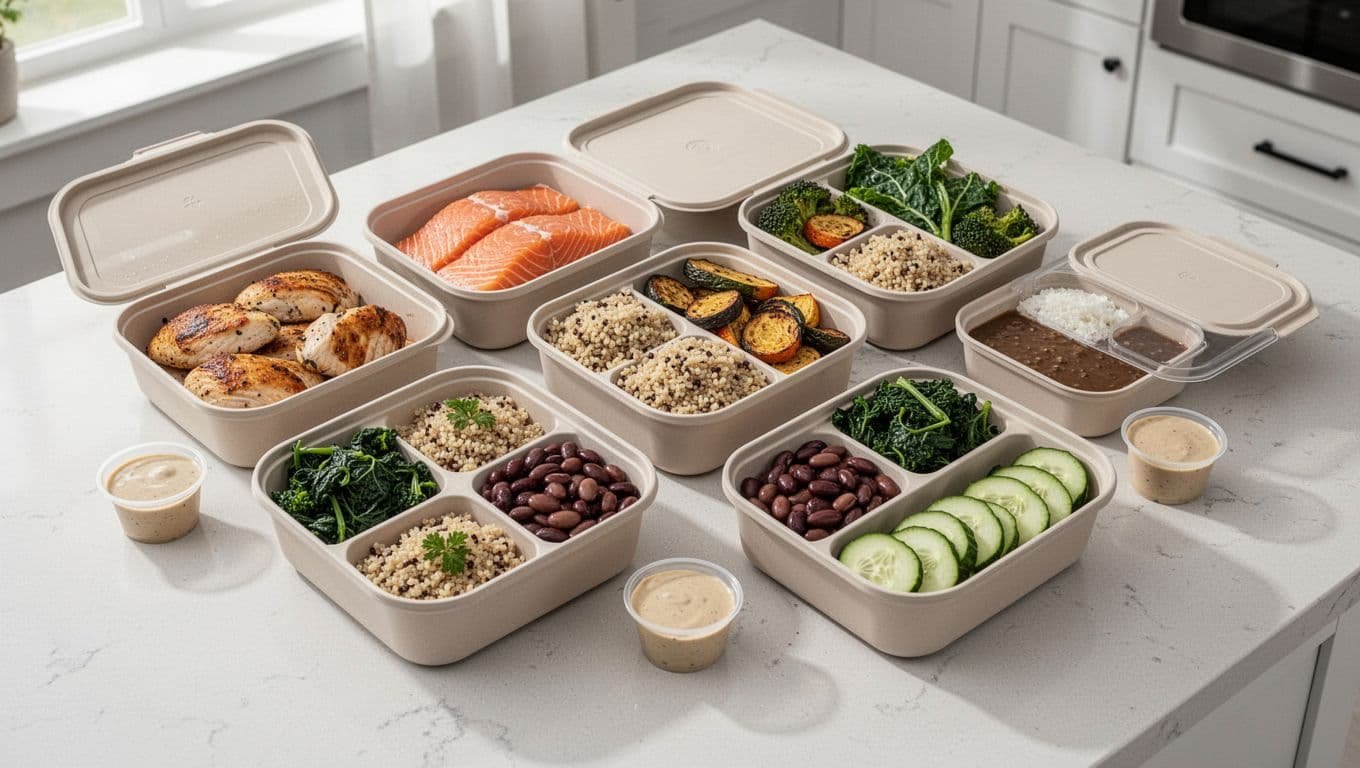 Five lunch containers hold chicken, salmon, grains, vegetables, greens, and separate sauce cups.