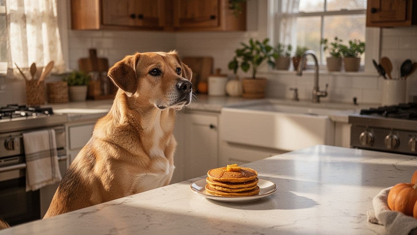 A dog sits near a counter with pumpkin pancakes safely out of reach.