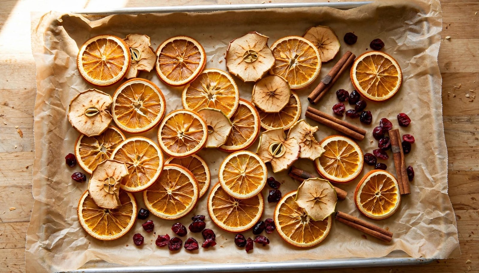 Orange and apple slices cool beside cinnamon sticks and cranberries on a baking sheet.