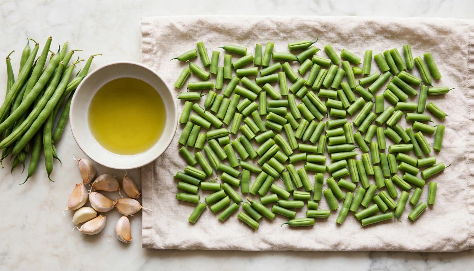 Trimmed green beans lie beside oil and garlic on a kitchen towel.