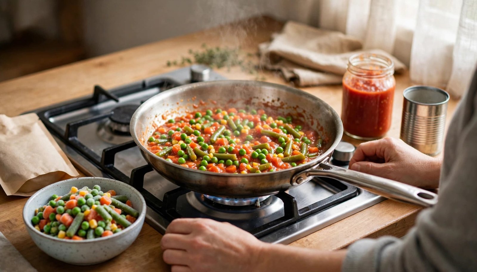 A home cook prepares a skillet dinner with shortcut ingredients nearby.