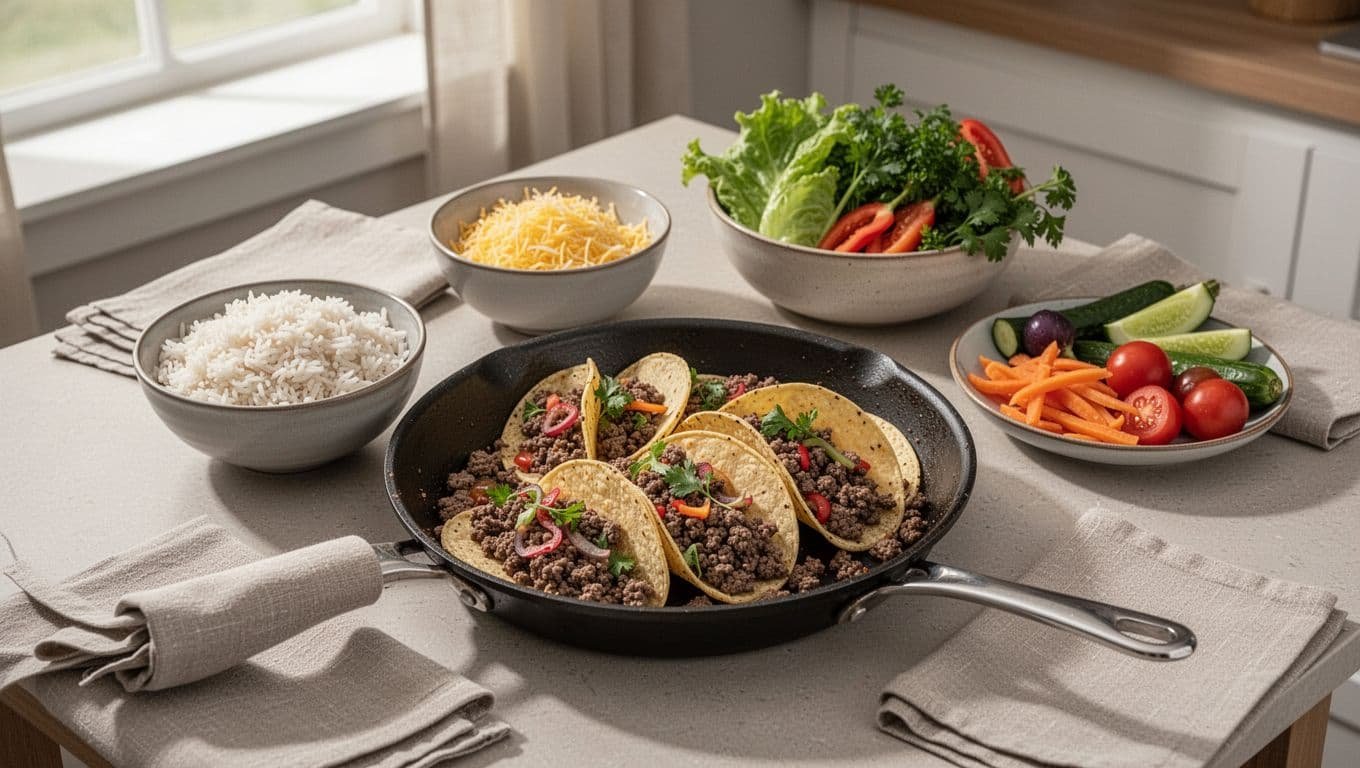 Skillet tacos with rice, cheese, and vegetables on a kitchen table.
