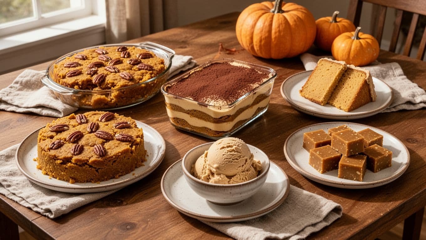 Five pumpkin desserts arranged on a warmly lit table with autumn accents.