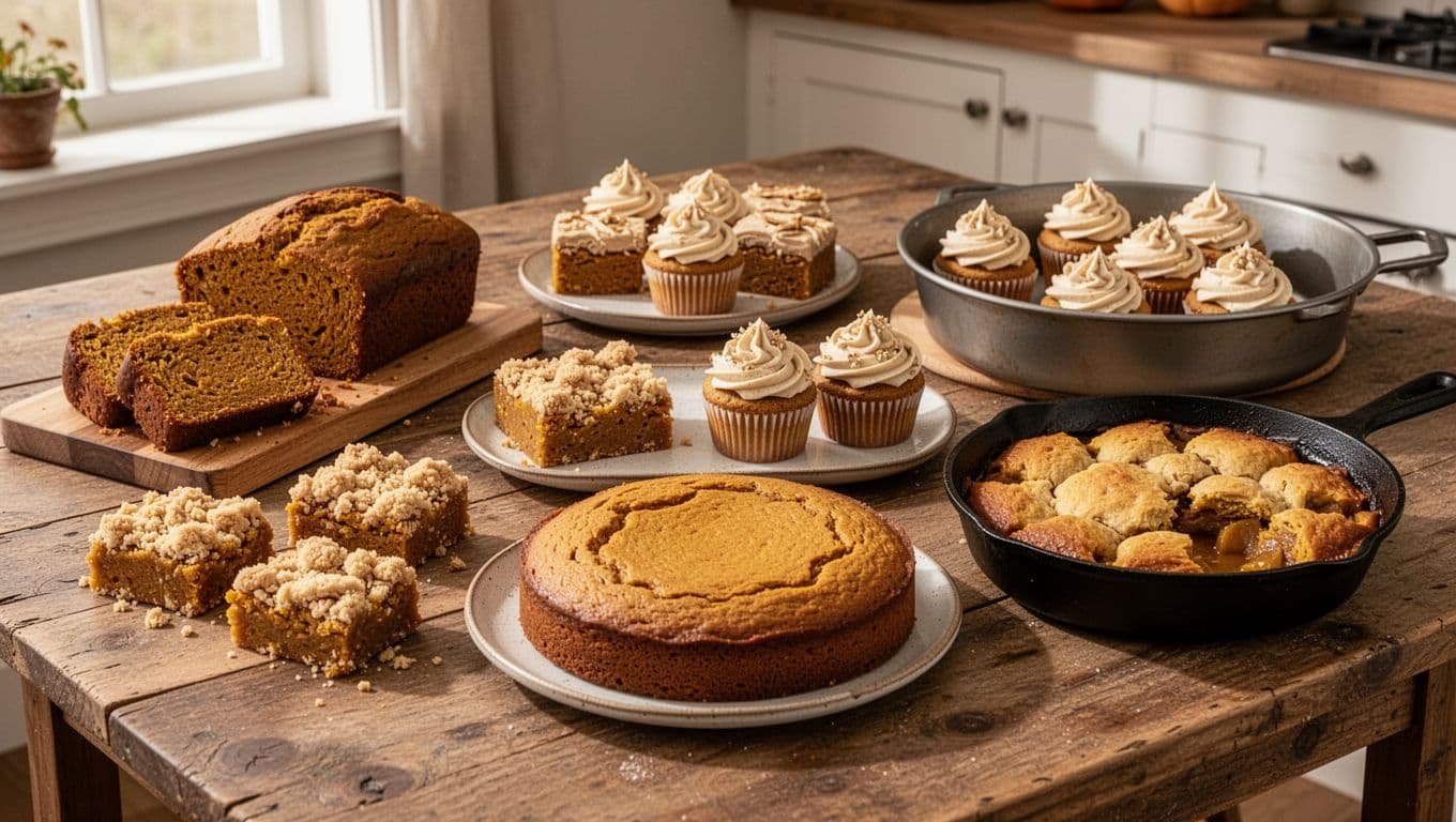Five pumpkin desserts arranged on a wooden table in warm autumn light.