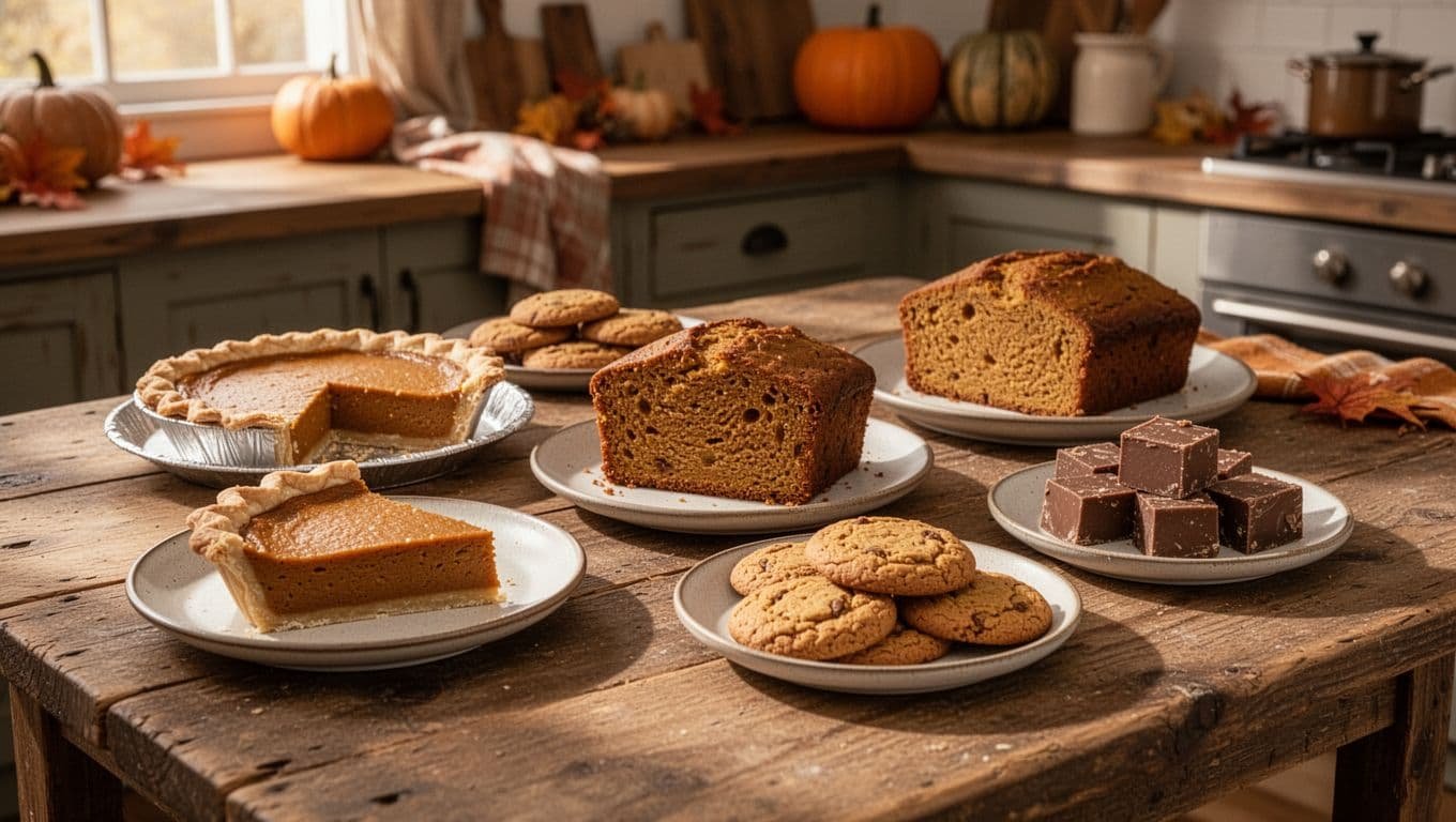 Pumpkin pie, bread, cookies, and fudge arranged on a rustic table in a cozy kitchen.