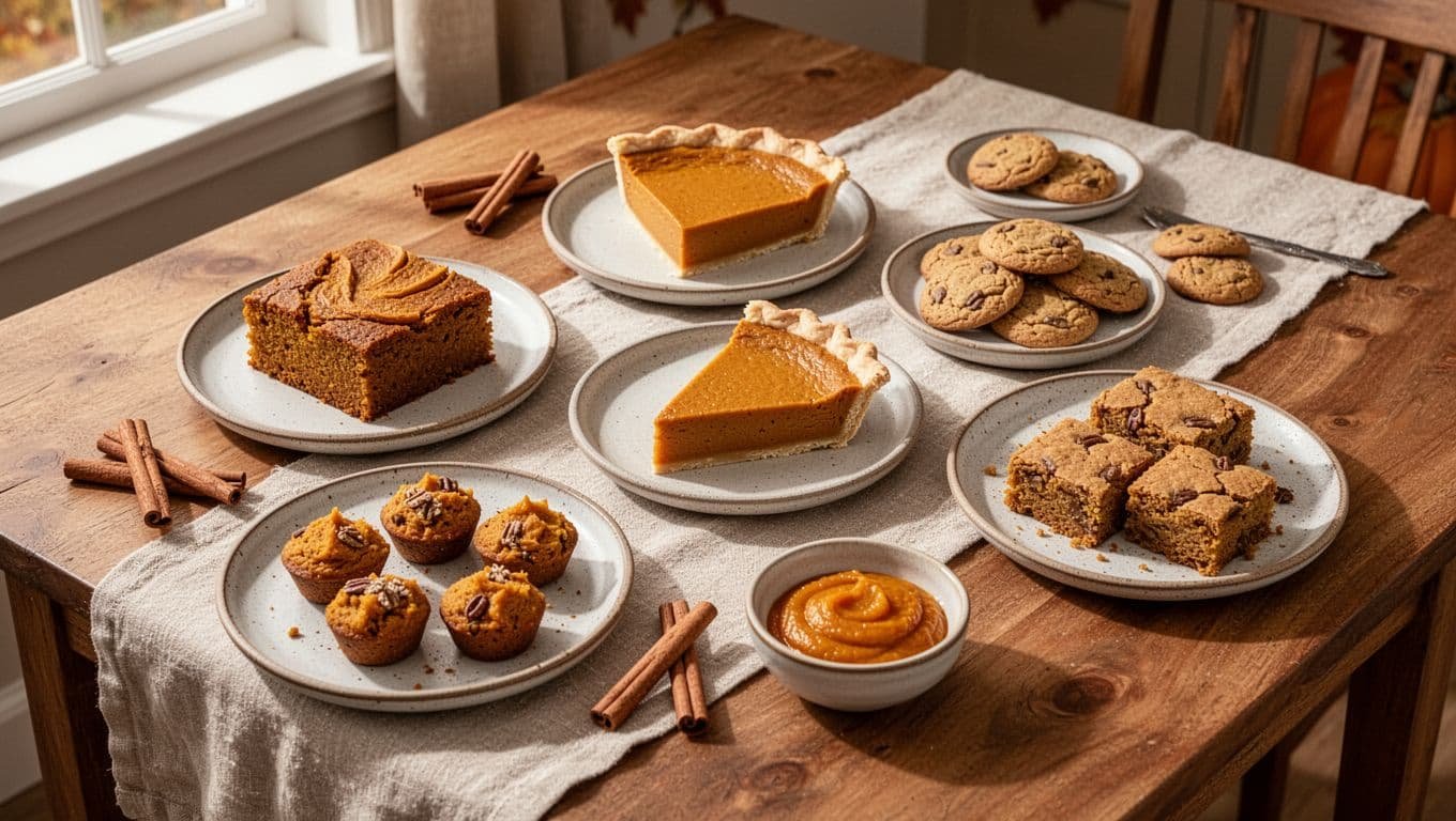 Five pumpkin desserts arranged on ceramic plates across a warm kitchen table.