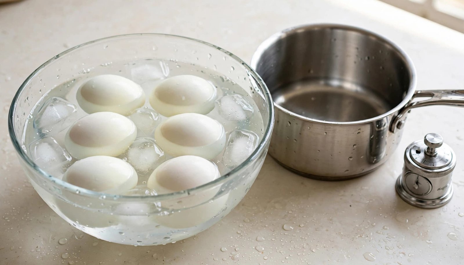 Six boiled eggs cool in ice water beside a saucepan and kitchen timer.