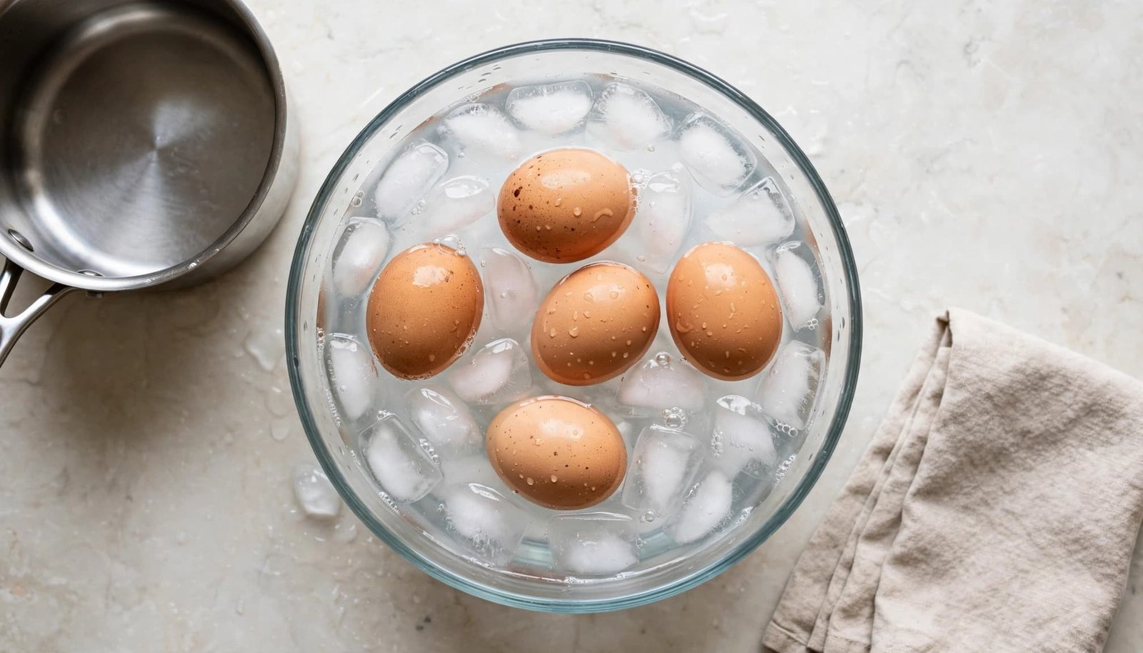 Six hard-boiled eggs cool in an ice bath beside a saucepan and towel.