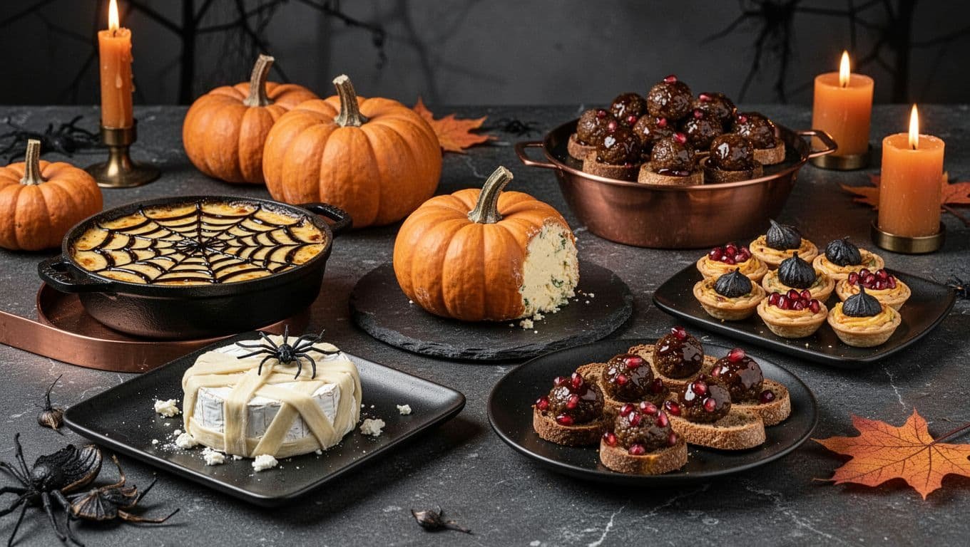 Elegant Halloween appetizers arranged on a dark table with candlelight.