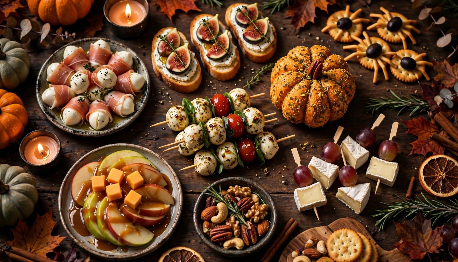 Halloween appetizers and cheese snacks arranged on a dark table in warm candlelight.