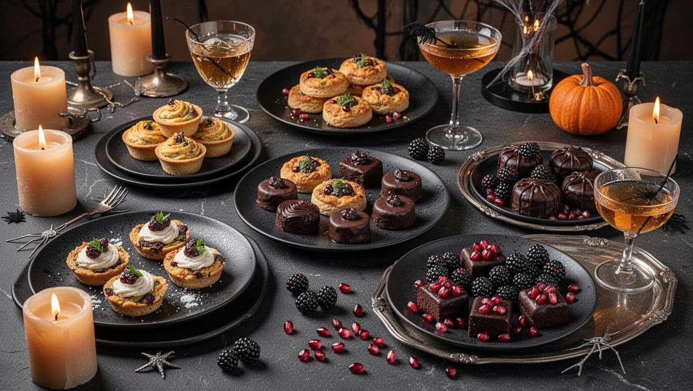 Elegant Halloween table with savory bites, chocolate desserts, fruit, and amber cocktails.