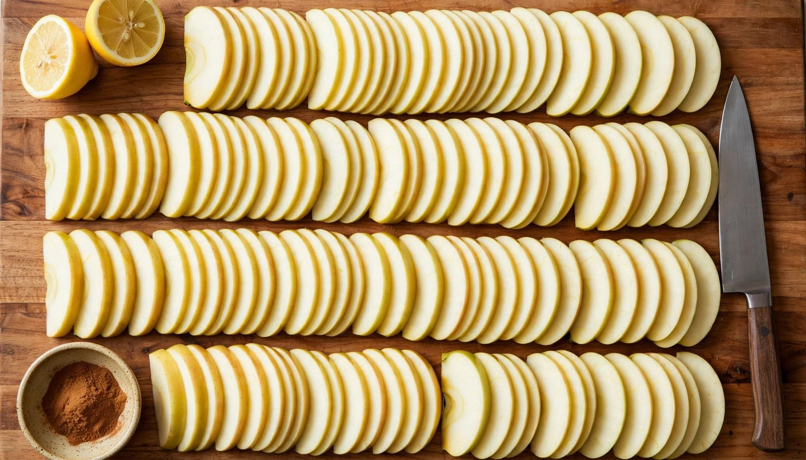 Sliced apples, a knife, lemon halves, and cinnamon on a wooden cutting board.