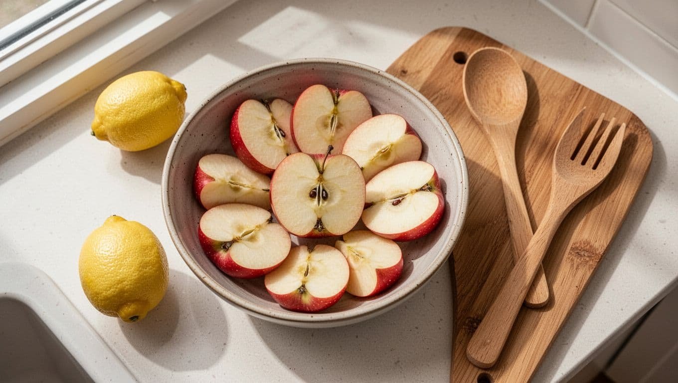 Even apple slices sit in a bowl beside a lemon and cutting board.