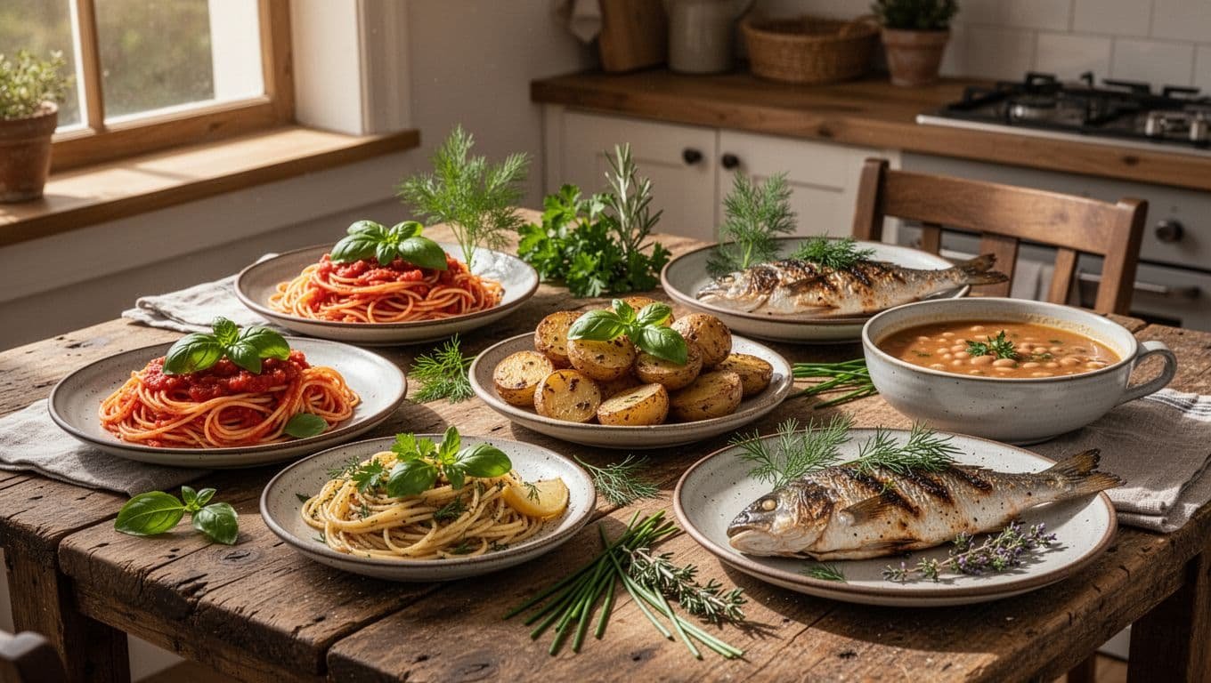 A home dinner table with pasta, potatoes, fish, soup, and fresh herb garnishes.