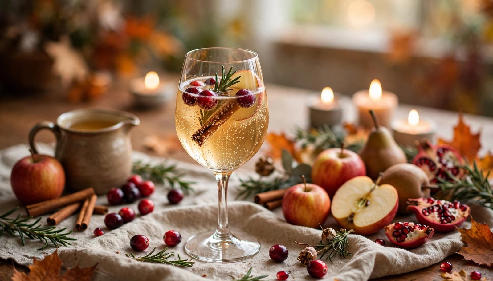 A sparkling apple cider cocktail surrounded by cranberries, rosemary, apples, and cinnamon.