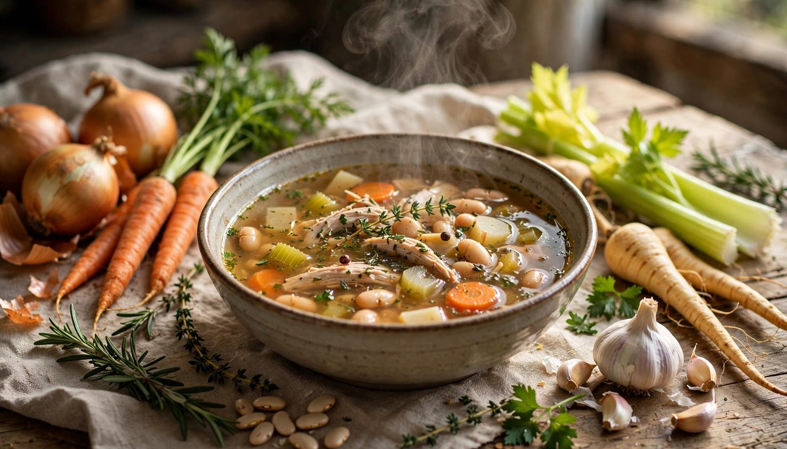 A steaming bowl of chicken broth soup surrounded by autumn vegetables and herbs.