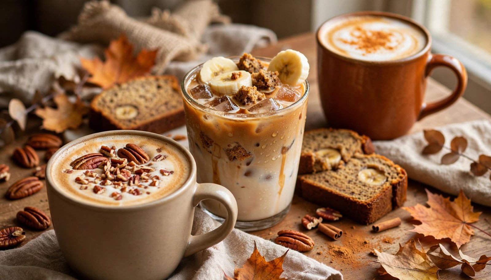 Three fall coffee drinks with pecans, banana bread, cinnamon, and autumn leaves.