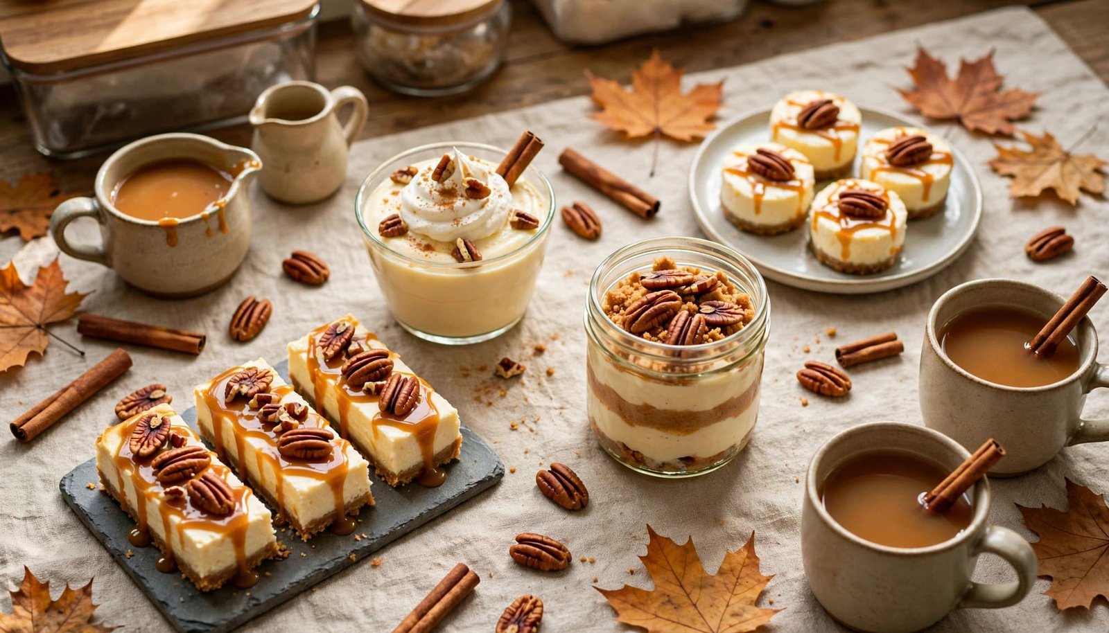 Four no-bake fall desserts arranged on a table with cider and autumn garnishes.