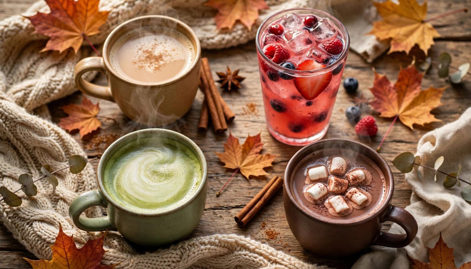 Four fall drinks arranged on a rustic table with maple leaves and cinnamon sticks.