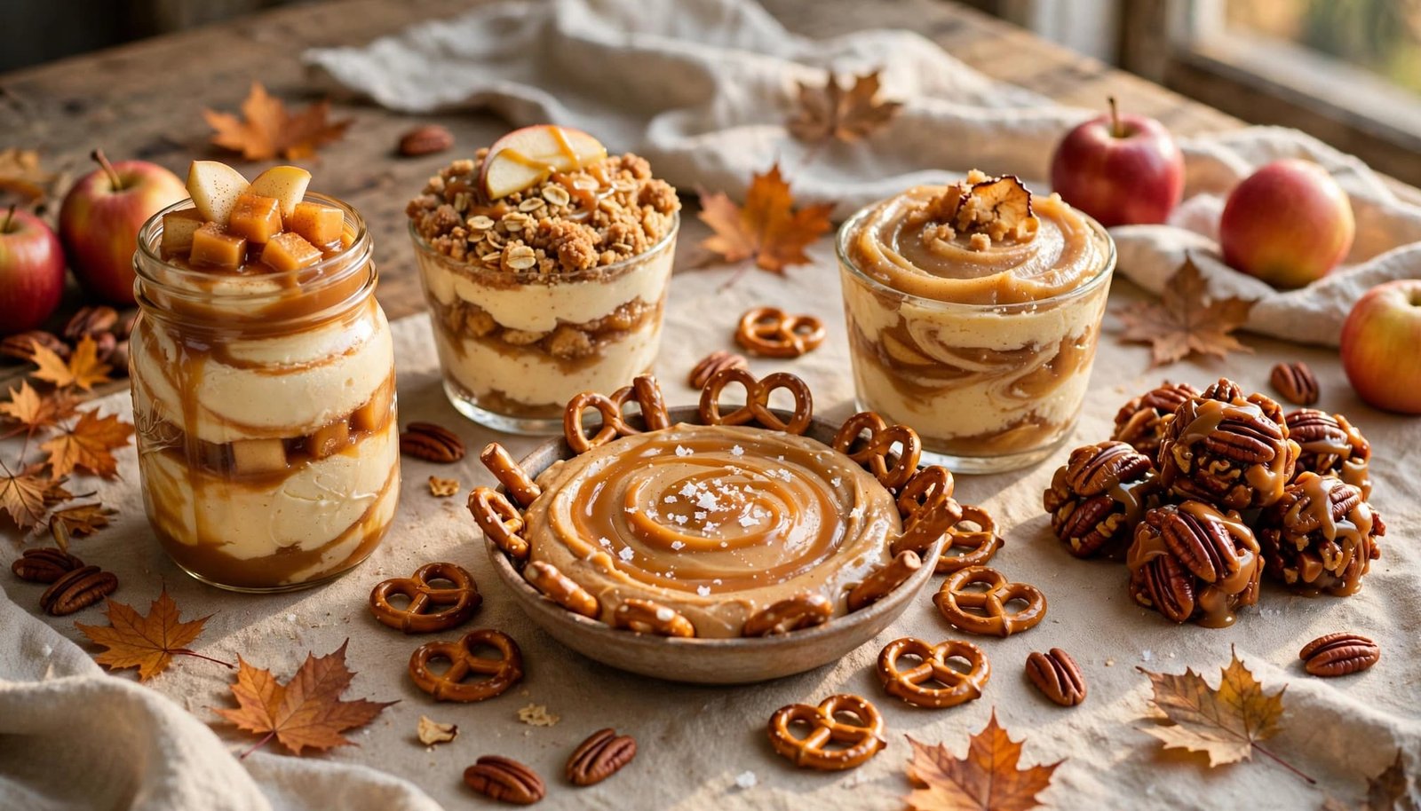 Five chilled fall desserts arranged on a rustic table with apples, pecans, pretzels, and autumn leaves.