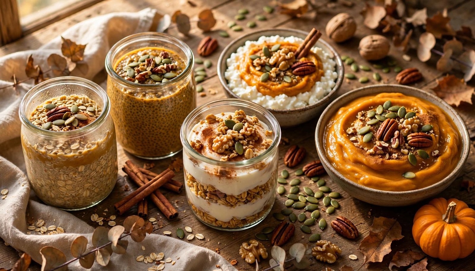 Assorted pumpkin breakfasts in bowls and jars on a rustic table with nuts and a small pumpkin.
