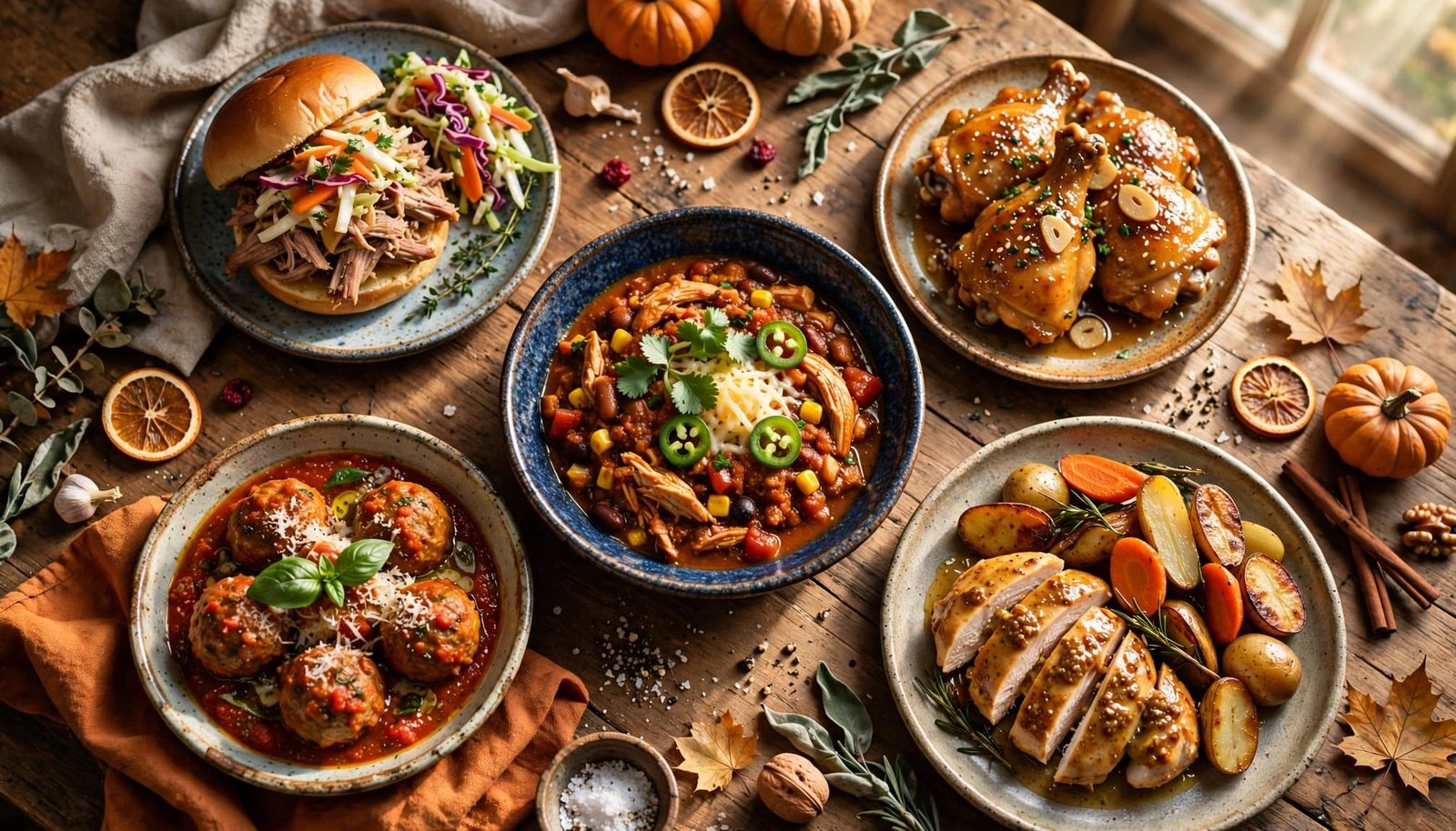 Five cozy fall dinners arranged on a rustic table in warm kitchen light.