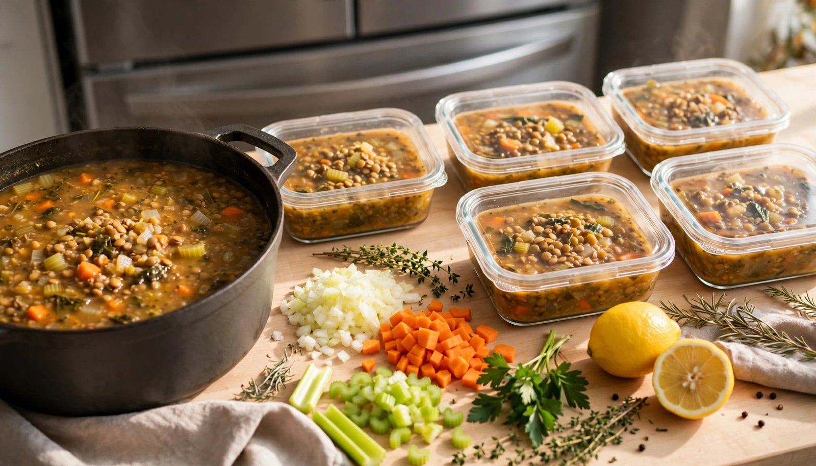 Portioned vegetable and lentil soup containers beside chopped vegetables on a kitchen counter.