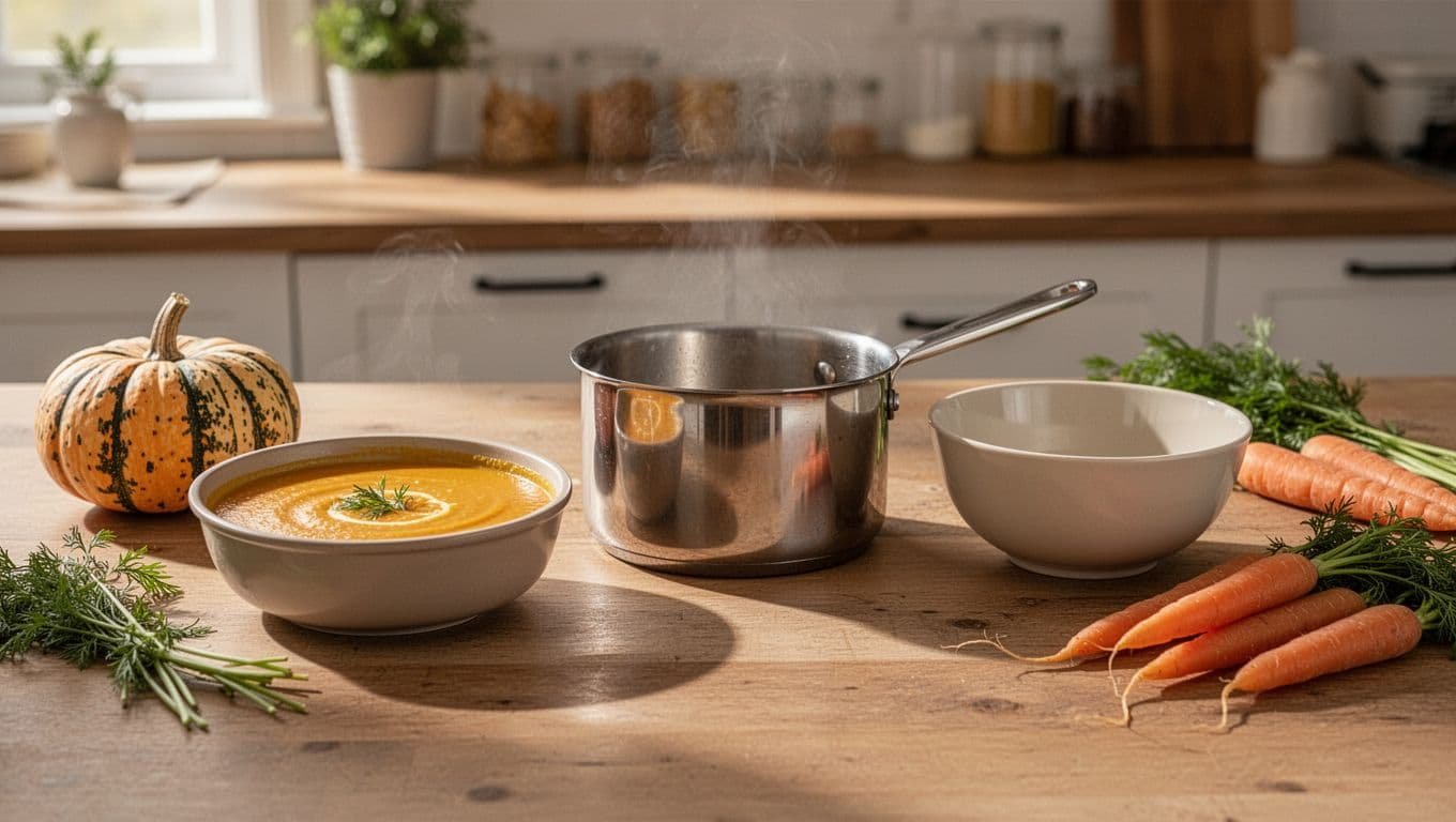 Three soup containers sit on a kitchen counter with squash, carrots, and herbs.