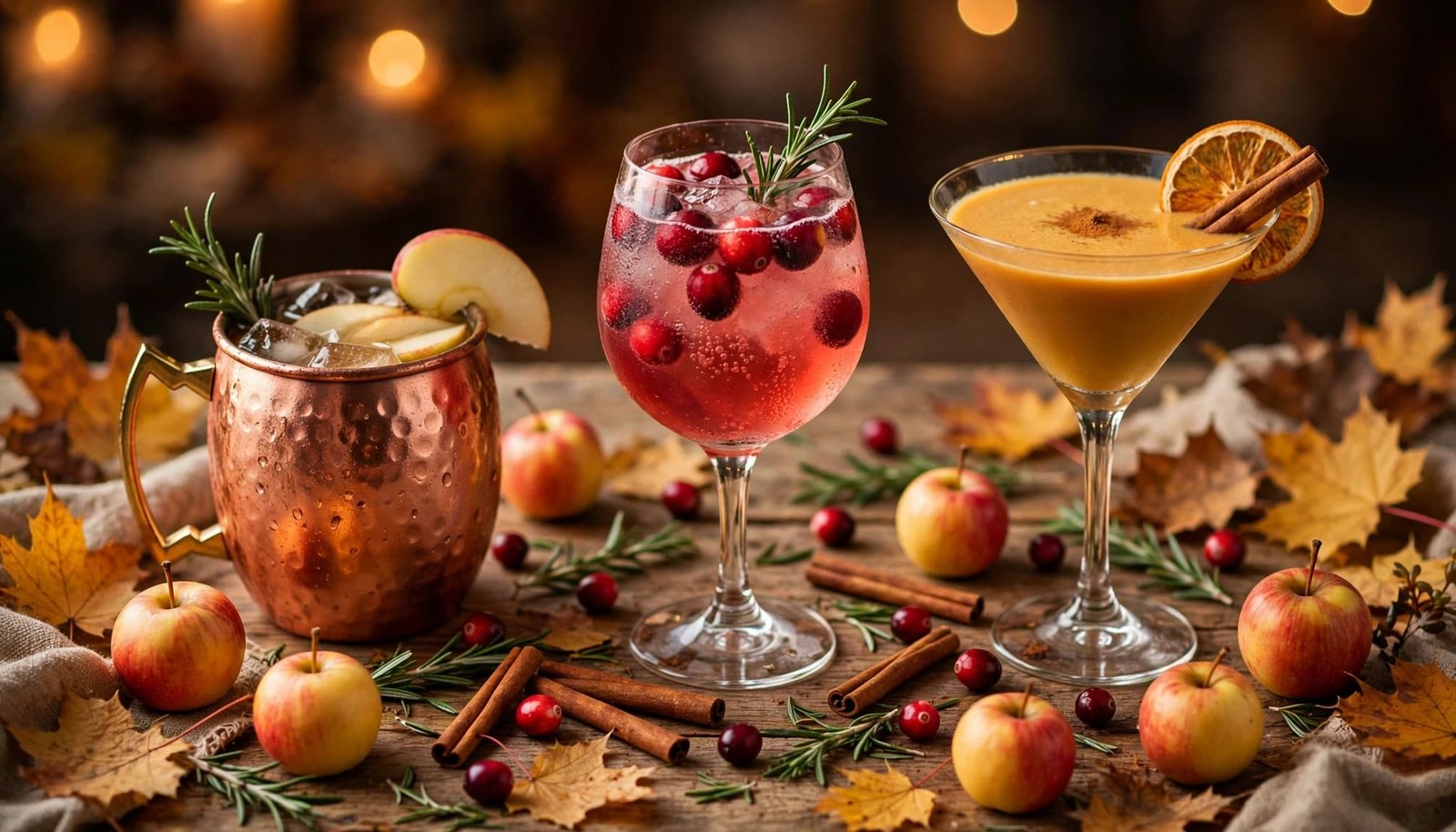 Three fall vodka cocktails surrounded by apples, cranberries, cinnamon, rosemary, and autumn leaves.