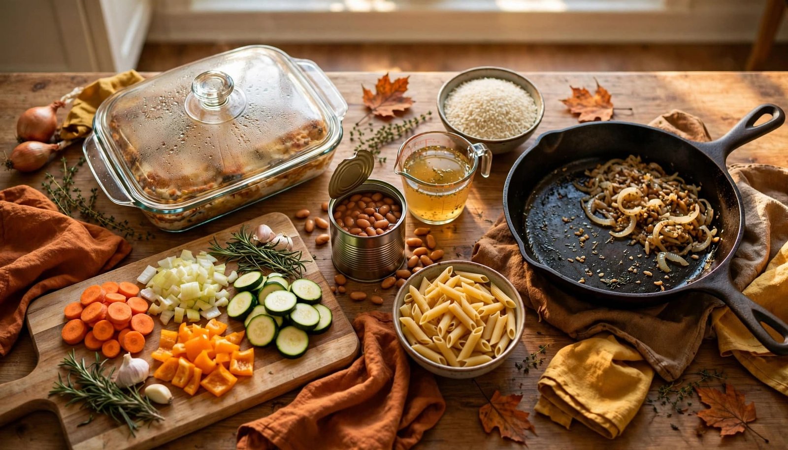 Fall dinner ingredients arranged beside a cutting board, casserole, and skillet in a bright kitchen.