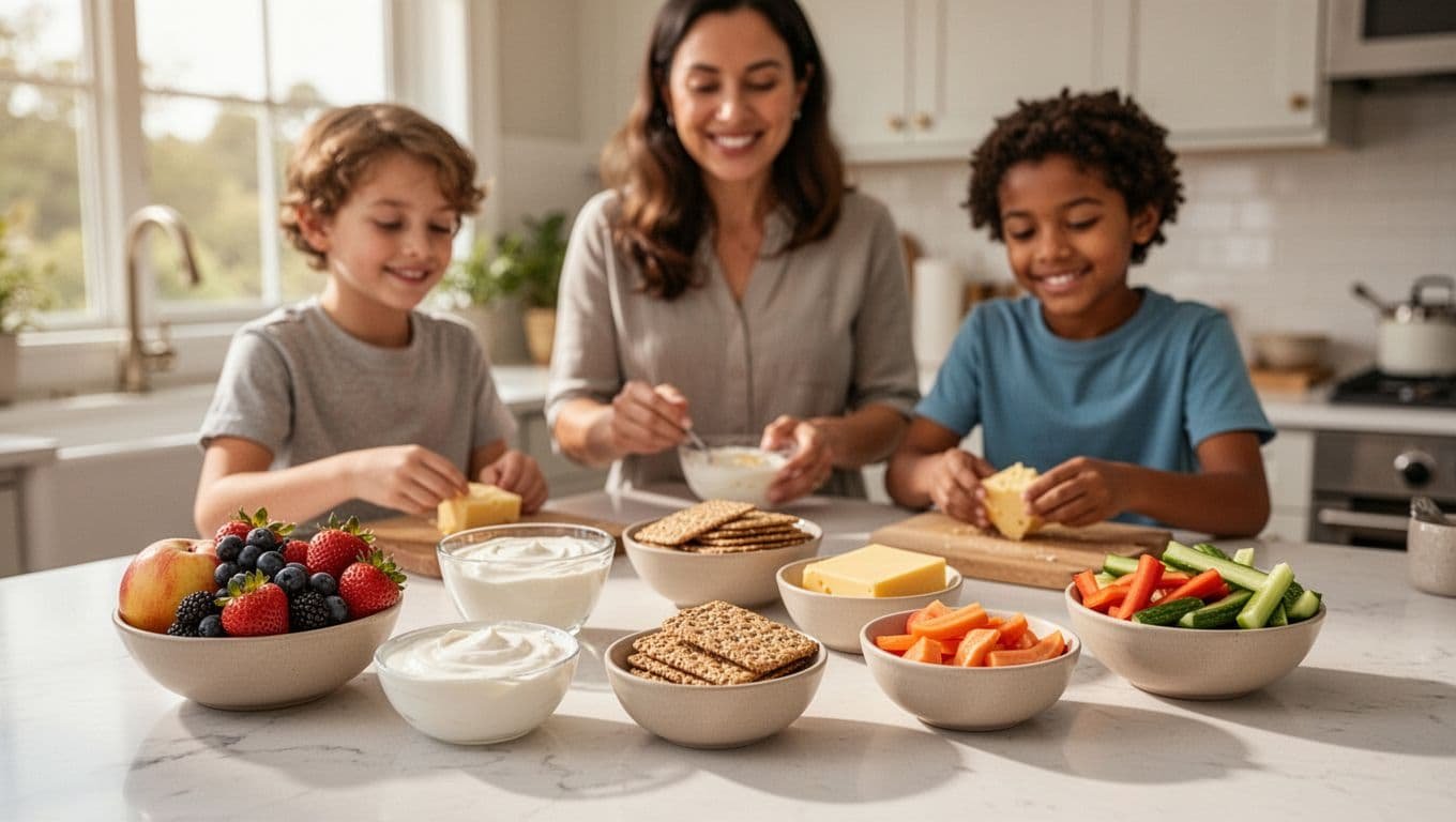 A parent and two children prepare healthy snacks at a bright kitchen counter.