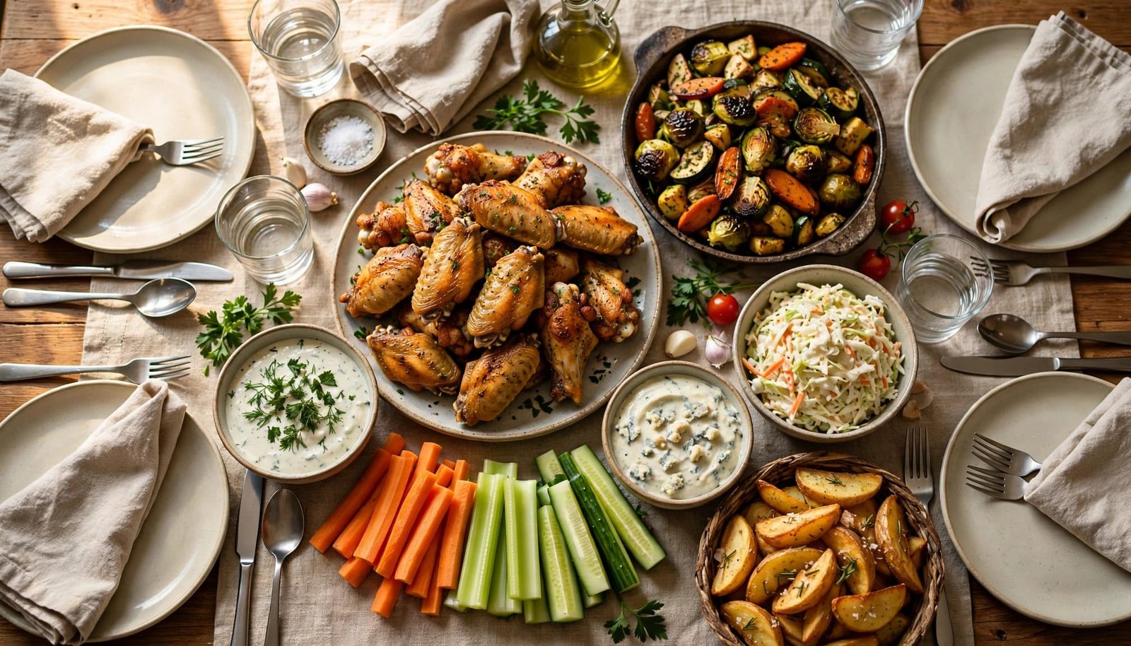 Chicken wings with dips, vegetables, coleslaw, and potato wedges fill a family dinner table.